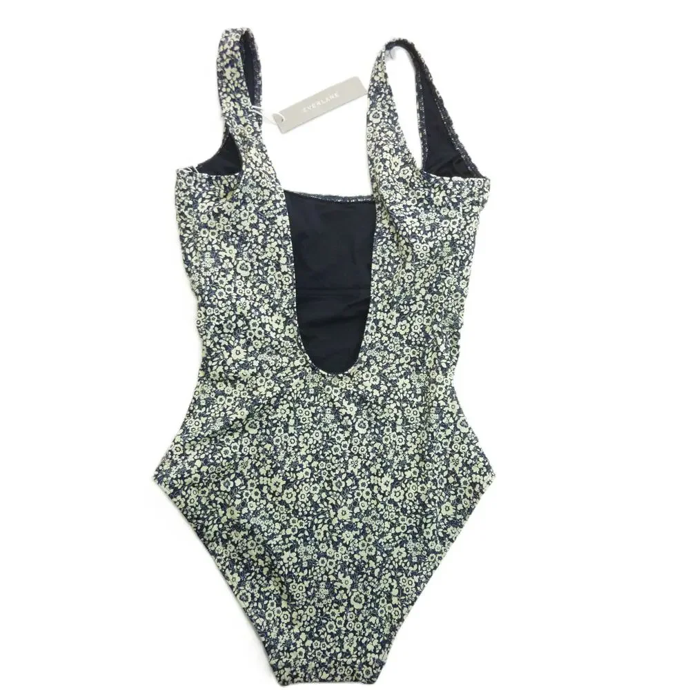 NWT Everlane The Square Neck  XXS Swimsuit One piece Blue Navy Floral